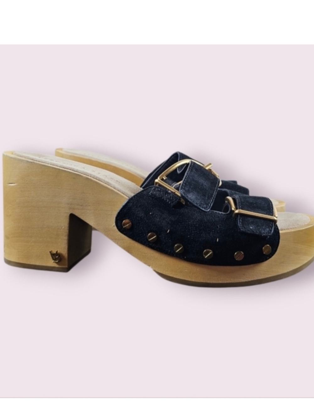 Veronica Beard Halifax Black Suede Double Buckle Wooden Clogs Sandals Size 11 M